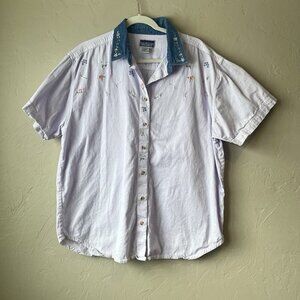 Vtg‎ Button Up top Embroidered Contrast Collar 2x Cottage Boho ditsy floral prep